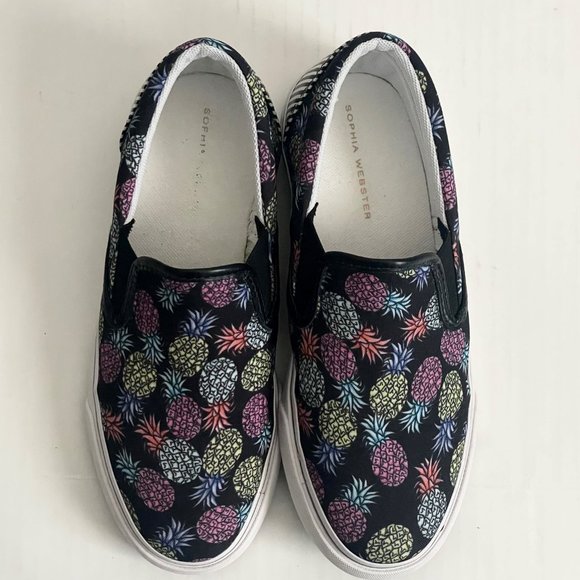 NWOT Sophia Webster Adele Pineapple Print Slip-On Sneaker 7 Black/Multi Canvas - Picture 10 of 14